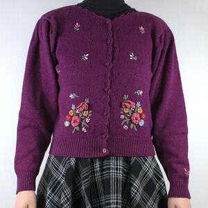 Repaired Vintage Dark Magenta Floral Embroidered Cardigan W/ Shoulder Pads